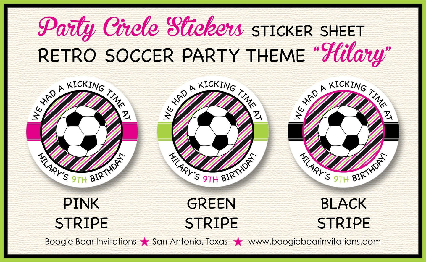 Soccer Birthday Party Stickers Circle Sheet Round Girl Pink Black Goal Team Game Sports Ball Goalie Tag Boogie Bear Invitations Hilary Theme