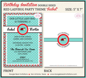 Red Ladybug Birthday Party Invitation Aqua Blue Little Girl Picnic Garden Boogie Bear Invitations Isabel Theme Paperless Printable Printed