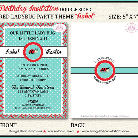 Red Ladybug Birthday Party Invitation Aqua Blue Little Girl Picnic Garden Boogie Bear Invitations Isabel Theme Paperless Printable Printed