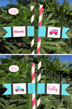 Load image into Gallery viewer, Pink Cars Trucks Birthday Party Pennant Straws Paper Drink Girl Blue Black Road Trip Travel Honk Beep Boogie Bear Invitations Sally Theme