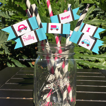 Pink Cars Trucks Birthday Party Pennant Straws Paper Drink Girl Blue Black Road Trip Travel Honk Beep Boogie Bear Invitations Sally Theme
