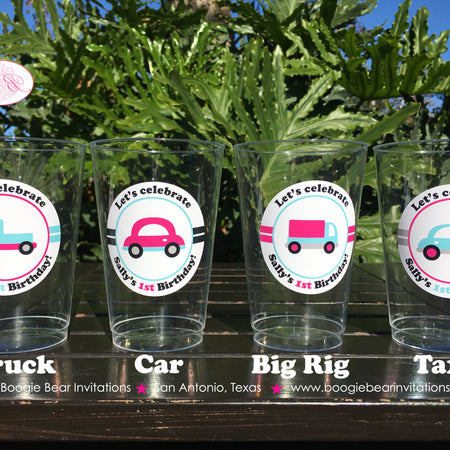 Pink Cars Trucks Birthday Party Beverage Cups Plastic Drink Girl Blue Black Honk Beep Road Trip Travel Boogie Bear Invitations Sally Theme
