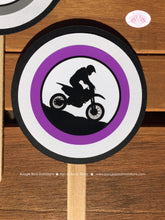 Load image into Gallery viewer, Purpke Dirt Bike Birthday Party Cupcake Toppers Set Black Motocross Track Bike Enduro Motorcycle Ride Boogie Bear Invitations Debra Theme