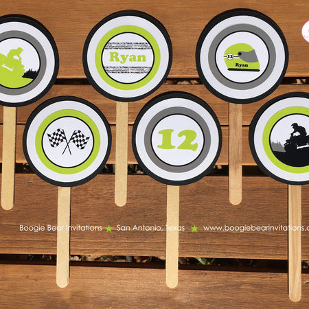 ATV Birthday Party Cupcake Toppers Quad Boy Girl Lime Green Grey All Terrain Vehicle 4 Wheeler Off Road Boogie Bear Invitations Ryan Theme