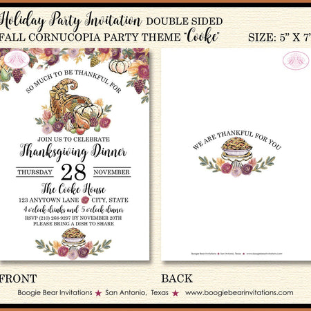 Thanksgiving Dinner Party Invitation Cornucopia Bounty Horn of plenty Lunch Floral Formal Brunch Boogie Bear Invitations Cooke Theme Printed