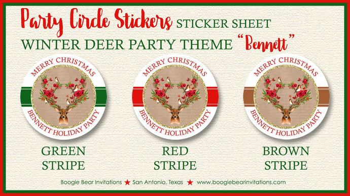 Christmas Deer Winter Party Stickers Circle Sheet Round Rose Birds Autumn Woodland Animals Girl Boy Boogie Bear Invitations Bennett Theme