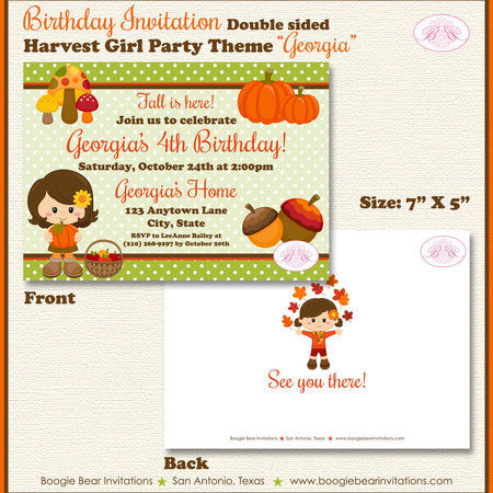 Autumn Harvest Girl Birthday Party Invitation Fall Country Pumpkin Farm Boogie Bear Invitations Georgia Theme Paperless Printable Printed