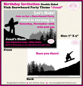 Snowboarding Birthday Party Invitation Pink Girl Mountain Snow Board Ride Snowboard Black Sports Boogie Bear Invitations Jenai Theme Printed