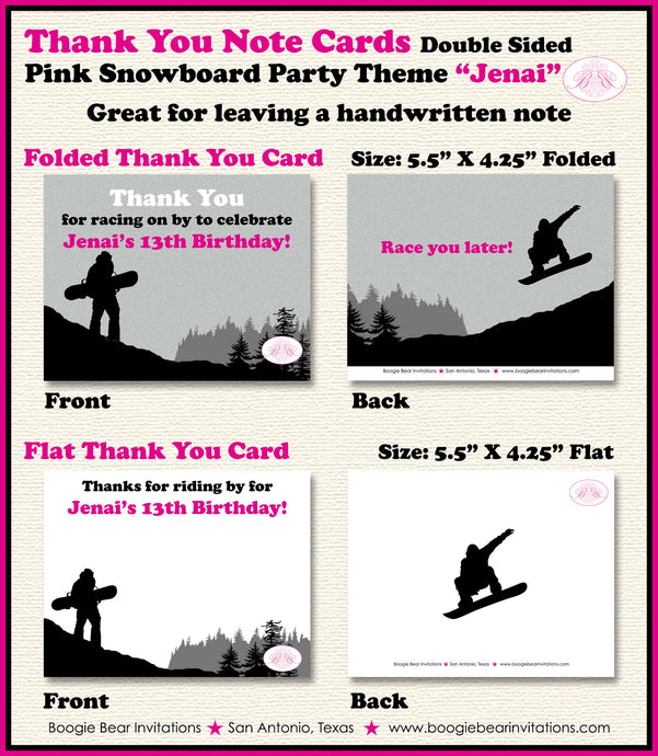 Snowboarding Birthday Party Thank You Card Pink Black Snow Board Girl Snowboard Winter Mountain Boogie Bear Invitations Jenai Theme Printed