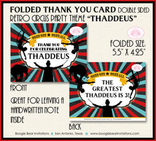 Load image into Gallery viewer, Circus Showman Party Thank You Card Birthday Animals Boy Girl Big Top 3 Ring Carnival Show Boogie Bear Invitations Thaddeus Theme Printed