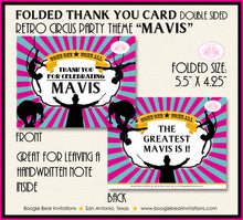 Load image into Gallery viewer, Circus Showman Party Thank You Card Birthday Animals Girl Blue Pink Yellow Carnival Aerialist Boogie Bear Invitations Mavis Theme Printed