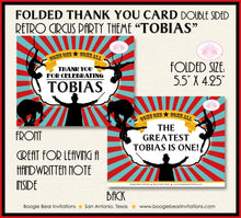 Load image into Gallery viewer, Circus Showman Party Thank You Card Birthday Animals Boy Girl Aqua Blue Red Carnival Aerialist Boogie Bear Invitations Tobias Theme Printed
