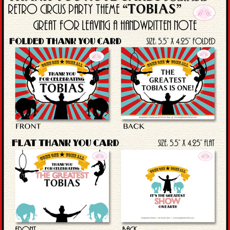 Circus Showman Party Thank You Card Birthday Animals Boy Girl Aqua Blue Red Carnival Aerialist Boogie Bear Invitations Tobias Theme Printed