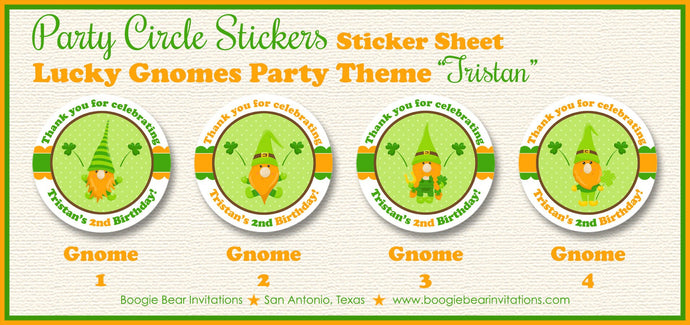 St. Patrick's Day Gnomes Party Stickers Circle Sheet Birthday Boy Girl Lucky Shamrock Green Orange Tag Boogie Bear Invitations Tristan Theme