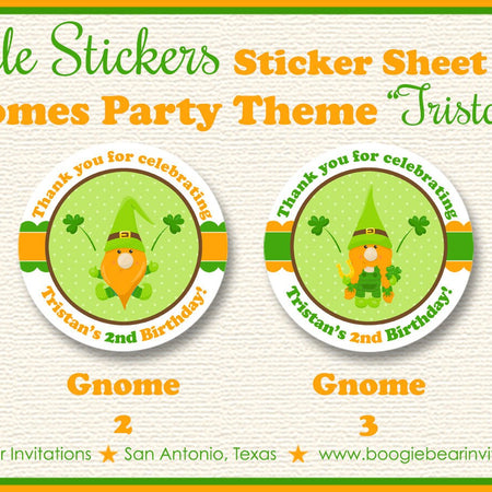 St. Patrick's Day Gnomes Party Stickers Circle Sheet Birthday Boy Girl Lucky Shamrock Green Orange Tag Boogie Bear Invitations Tristan Theme