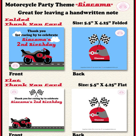 Red Motorcycle Party Thank You Card Black Birthday Racing Boy Girl Enduro Motocross Street Boogie Bear Invitations Giacomo Theme Printed