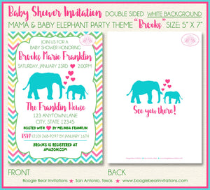 Pink Elephant Baby Shower Invitation Aqua Turquoise Teal Green Blue Chevron Boogie Bear Invitations Brooks Theme Paperless Printable Printed