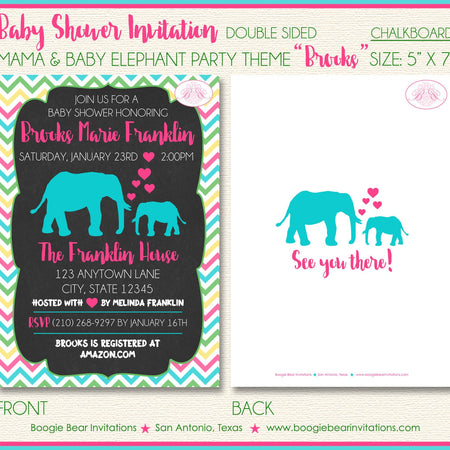 Pink Elephant Baby Shower Invitation Aqua Turquoise Teal Green Blue Chevron Boogie Bear Invitations Brooks Theme Paperless Printable Printed