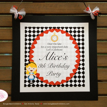 Alice in Wonderland Birthday Party Door Banner Girl Queen of Hearts Red Mad Hatter Tea Drink Me Eat Me Boogie Bear Invitations Alice Theme