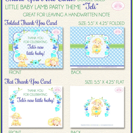 Blue Little Lamb Thank You Card Baby Shower Boy Farm Animals Sheep Flower Green Butterfly Garden Boogie Bear Invitations Teli Theme Printed