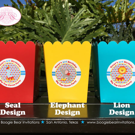 Circus Animals Party Popcorn Boxes Mini Food Birthday Girl Boy Zoo Red Blue Yellow Zoo Big Top Showman Boogie Bear Invitations Oscar Theme