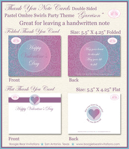 Valentine's Day Party Thank You Card Birthday Pink Blue Purple Pastel Ombre Love Swirl Heart Boogie Bear Invitations Garrison Theme Printed