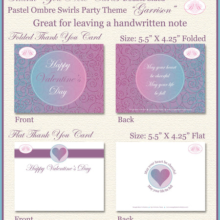Valentine's Day Party Thank You Card Birthday Pink Blue Purple Pastel Ombre Love Swirl Heart Boogie Bear Invitations Garrison Theme Printed