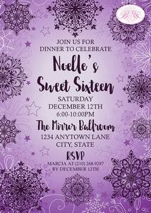 Purple Snowflake Party Invitation Birthday Violet Sweet 16 Winter Snow Girl Boogie Bear Invitations Noelle Theme Paperless Printable Printed