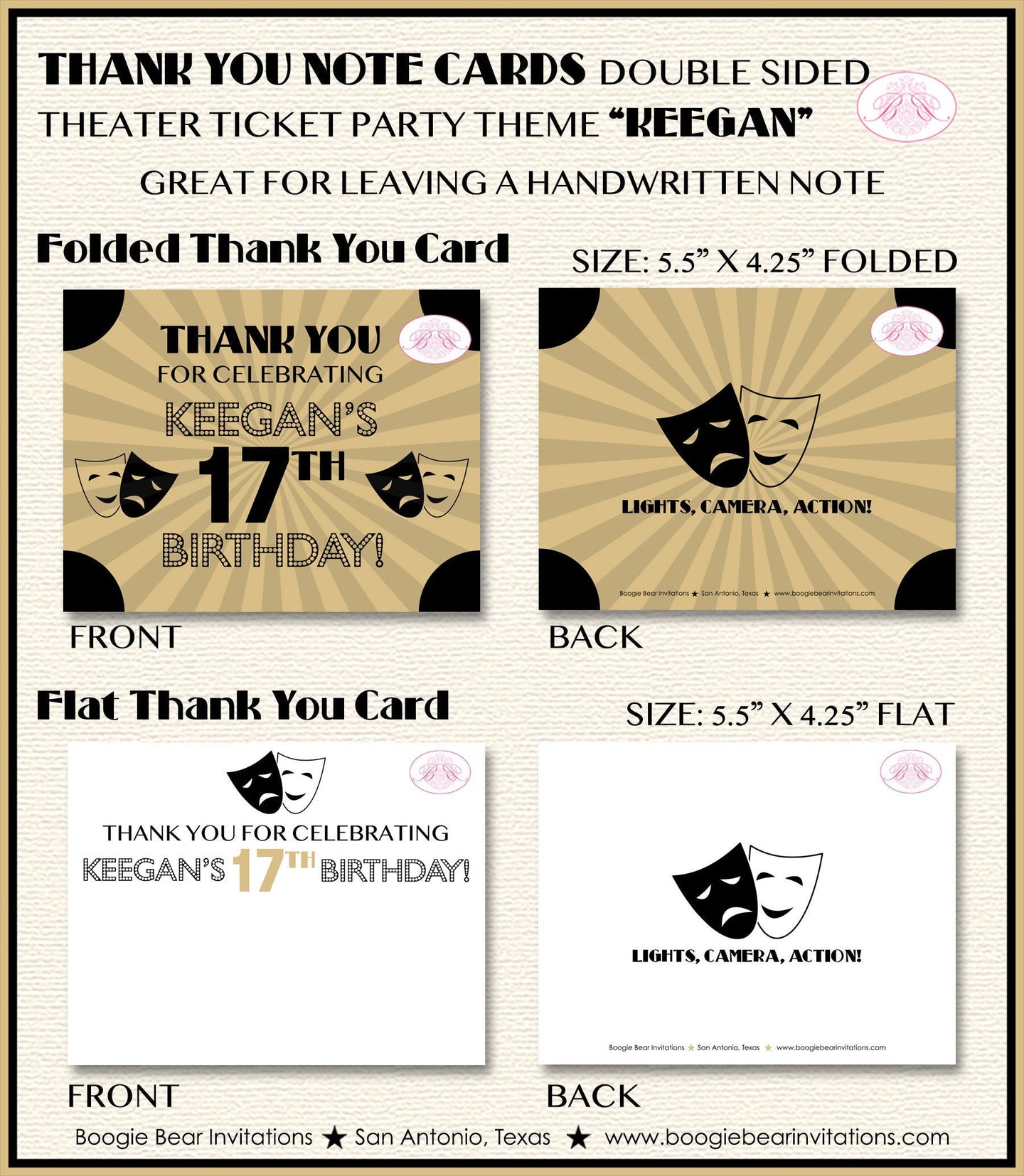 Theater Ticket Play Birthday Thank You Card Party Actor Gold Black Drama Star Musical Stage Tag Boogie Bear Invitations Keegan Theme Printed