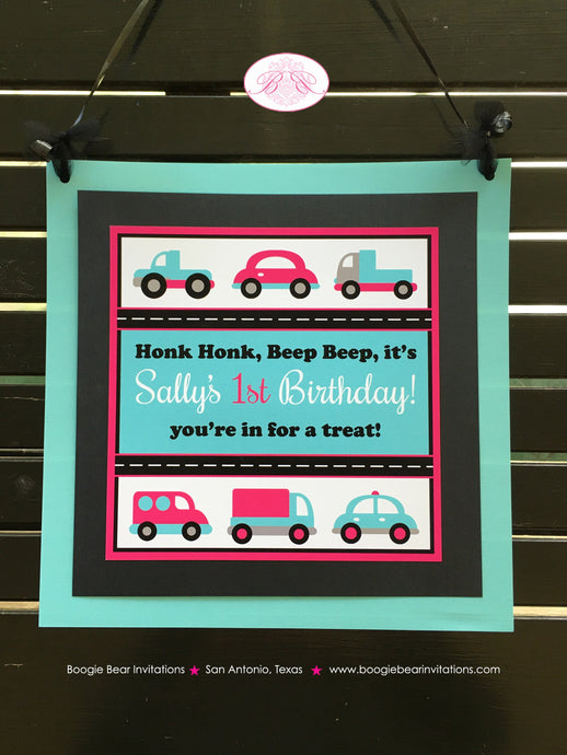 Cars Trucks Birthday Party Door Banner Pink Blue Black Traffic Pink Blue Metro Girl Road Trip Travel Boogie Bear Invitations Sally Theme