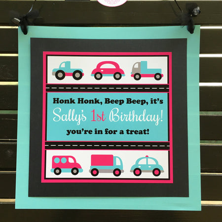 Cars Trucks Birthday Party Door Banner Pink Blue Black Traffic Pink Blue Metro Girl Road Trip Travel Boogie Bear Invitations Sally Theme