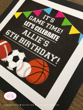 Load image into Gallery viewer, Sports Birthday Door Banner Happy Party Girl Pink Yellow Green Blue Basketball Football Soccer Baseball Boogie Bear Invitations Allie Theme