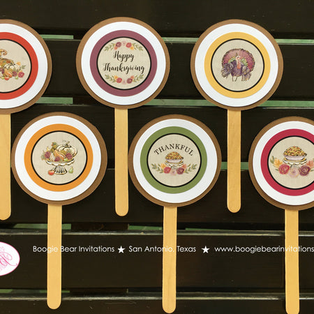 Thanksgiving Party Cupcake Toppers Birthday Cornucopia Bounty Horn of plenty Formal Floral Fall Autumn Boogie Bear Invitations Cooke Theme