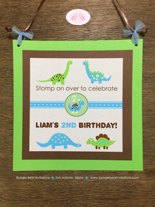 Blue Dinosaur Birthday Door Banner Party Boy Girl Green Yellow Green Brown Little Dino Brontosaurus Stomp Boogie Bear Invitations Liam Theme