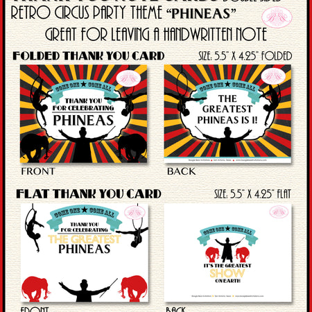 Circus Showman Party Thank You Card Birthday Animals Boy Girl Greatest Big Top 3 Ring Carnival Boogie Bear Invitations Phineas Theme Printed