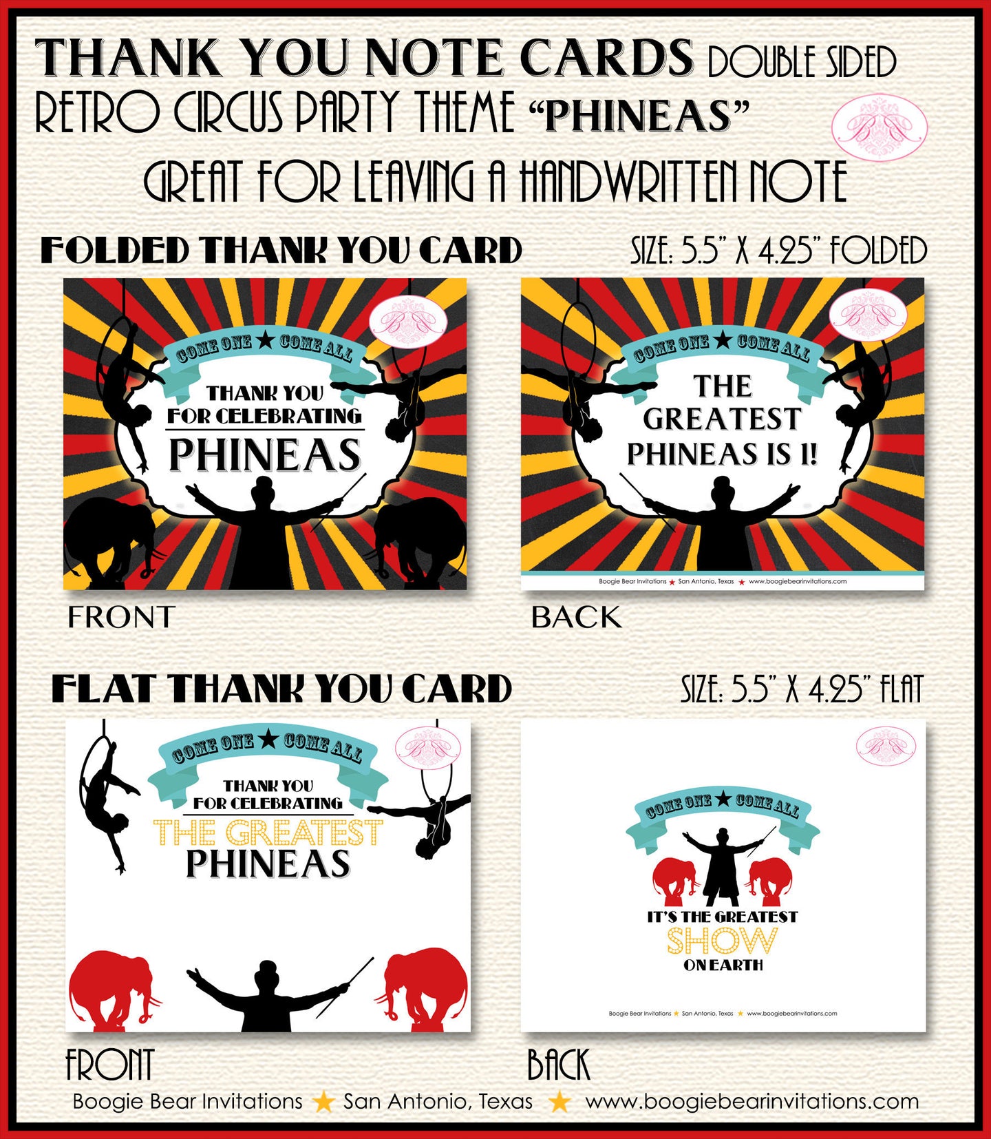 Circus Showman Party Thank You Card Birthday Animals Boy Girl Greatest Big Top 3 Ring Carnival Boogie Bear Invitations Phineas Theme Printed