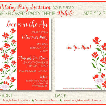 Red Flowers Valentines Party Invitation Day White Green Floral Love Garden Boogie Bear Invitations Nichols Theme Paperless Printable Printed