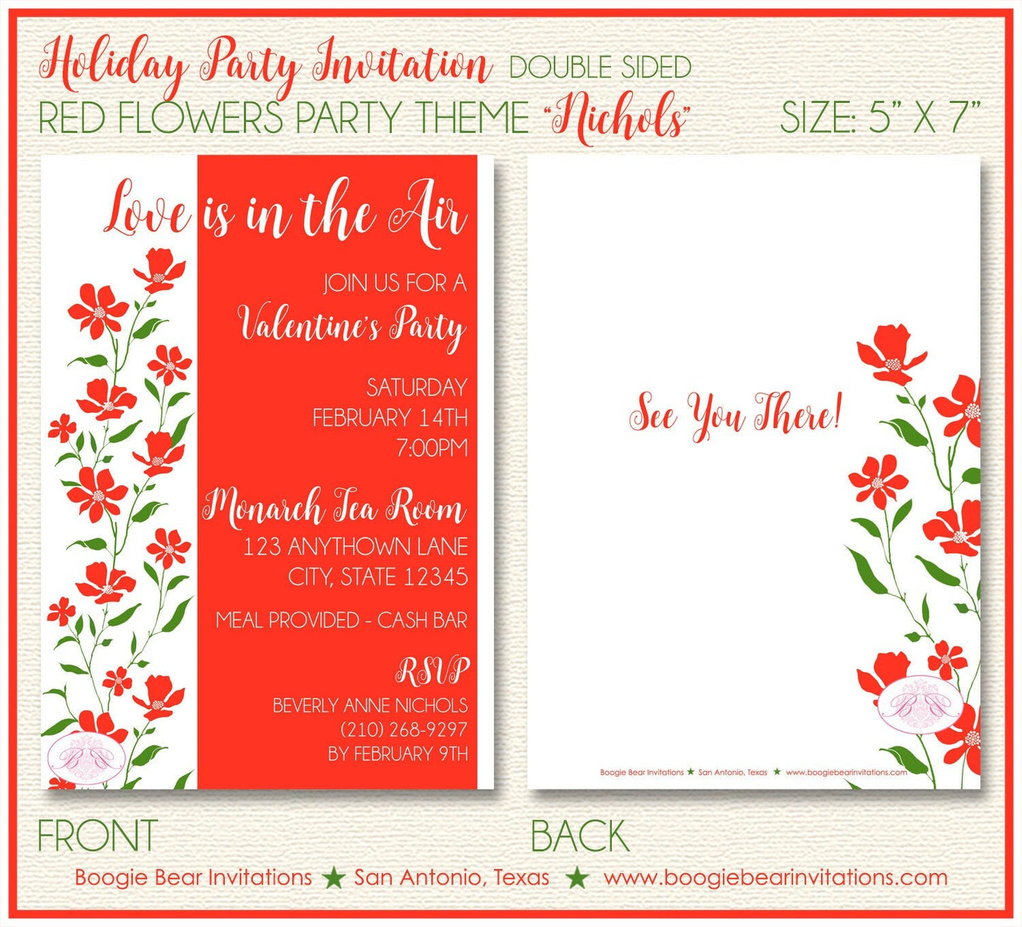 Red Flowers Valentines Party Invitation Day White Green Floral Love Garden Boogie Bear Invitations Nichols Theme Paperless Printable Printed