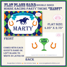 Load image into Gallery viewer, Horse Racing Birthday Party Favor Card Tent Appetizer Food Place Orange Green Blue Kentucky Derby Jockey Boogie Bear Invitations Marty Theme