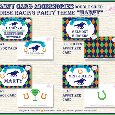 Horse Racing Birthday Party Favor Card Tent Appetizer Food Place Orange Green Blue Kentucky Derby Jockey Boogie Bear Invitations Marty Theme