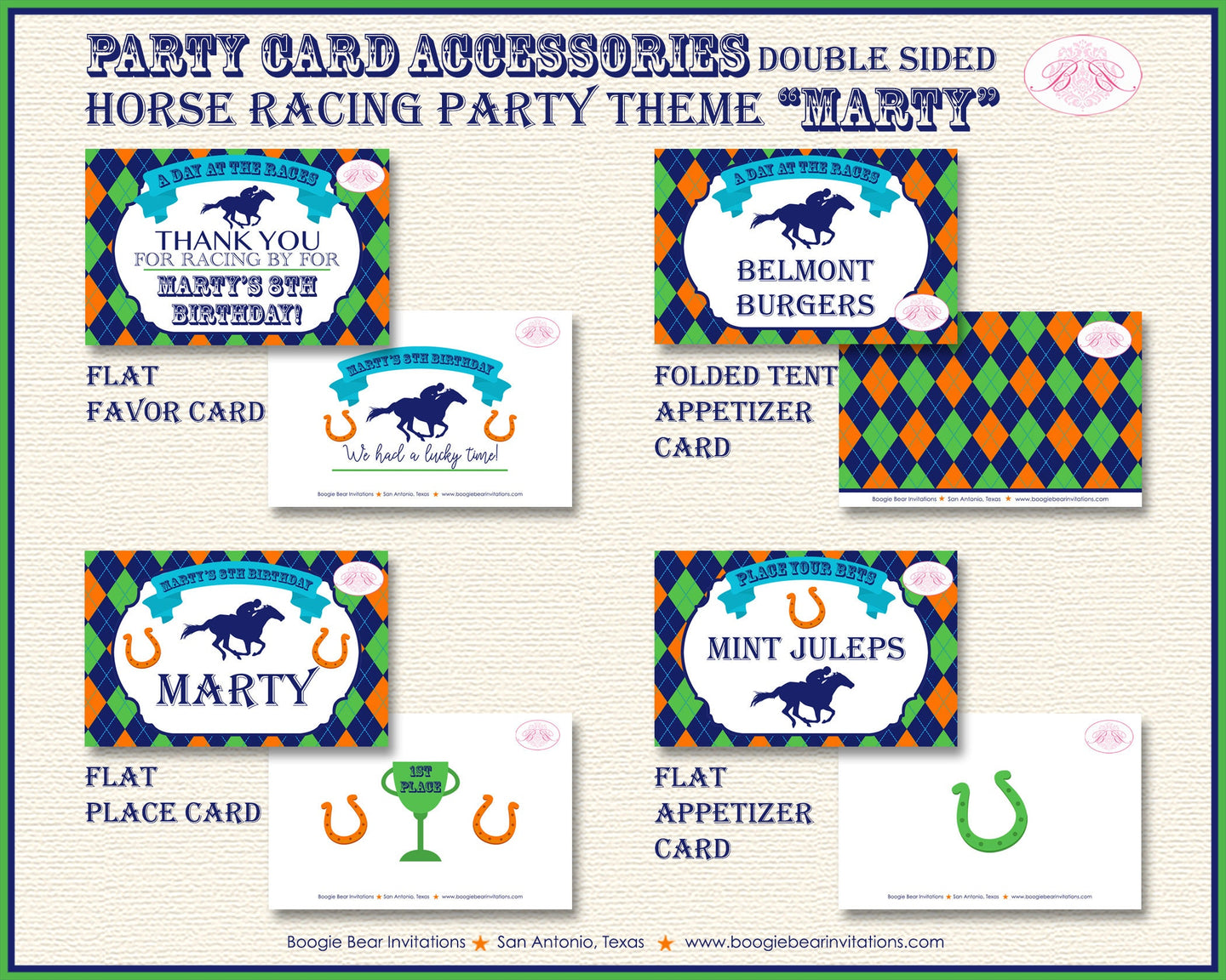 Horse Racing Birthday Party Favor Card Tent Appetizer Food Place Orange Green Blue Kentucky Derby Jockey Boogie Bear Invitations Marty Theme