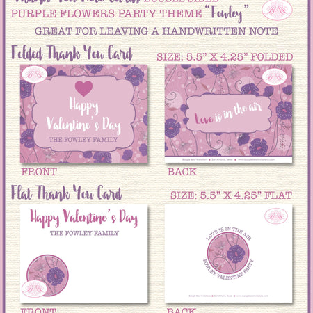 Purple Flowers Valentine Thank You Card Party Day Birthday Holiday Pink Lavender Flower Garden Boogie Bear Invitations Fowley Theme Printed