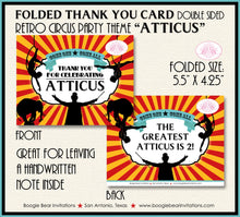Load image into Gallery viewer, Circus Showman Party Thank You Card Birthday Animals Boy Girl Blue Red Big Top 3 Ring Carnival Boogie Bear Invitations Atticus Theme Printed
