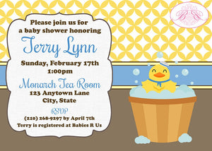Yellow Rubber Duck Baby Shower Invitation Little Duckie Ducky Boy Blue 1st Boogie Bear Invitations Terry Theme Paperless Printable Printed