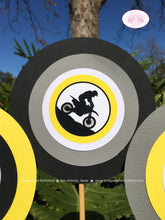 Load image into Gallery viewer, Dirt Bike Birthday Party Centerpiece Set Yellow Black Motocross Motorcycle Racing Race Track Boogie Bear Invitations Santiago Theme