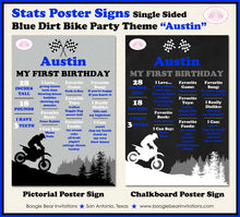 Load image into Gallery viewer, Dirt Bike Birthday Party Sign Stats Poster Flat Frameable Chalkboard Milestone Black Blue Girl Boy 1st Boogie Bear Invitations Austin Theme