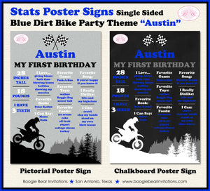 Dirt Bike Birthday Party Sign Stats Poster Flat Frameable Chalkboard Milestone Black Blue Girl Boy 1st Boogie Bear Invitations Austin Theme