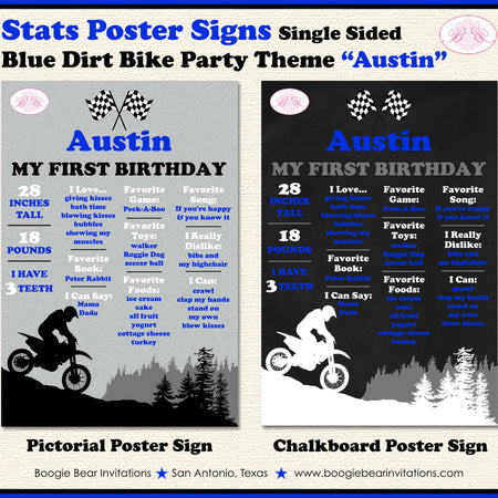 Dirt Bike Birthday Party Sign Stats Poster Flat Frameable Chalkboard Milestone Black Blue Girl Boy 1st Boogie Bear Invitations Austin Theme