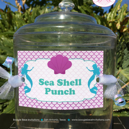 Mermaid Pool Party Beverage Card Wrap Birthday Drink Label Girl Birthday Ocean Swim Swimming Splash Boogie Bear Invitations Andrina Theme