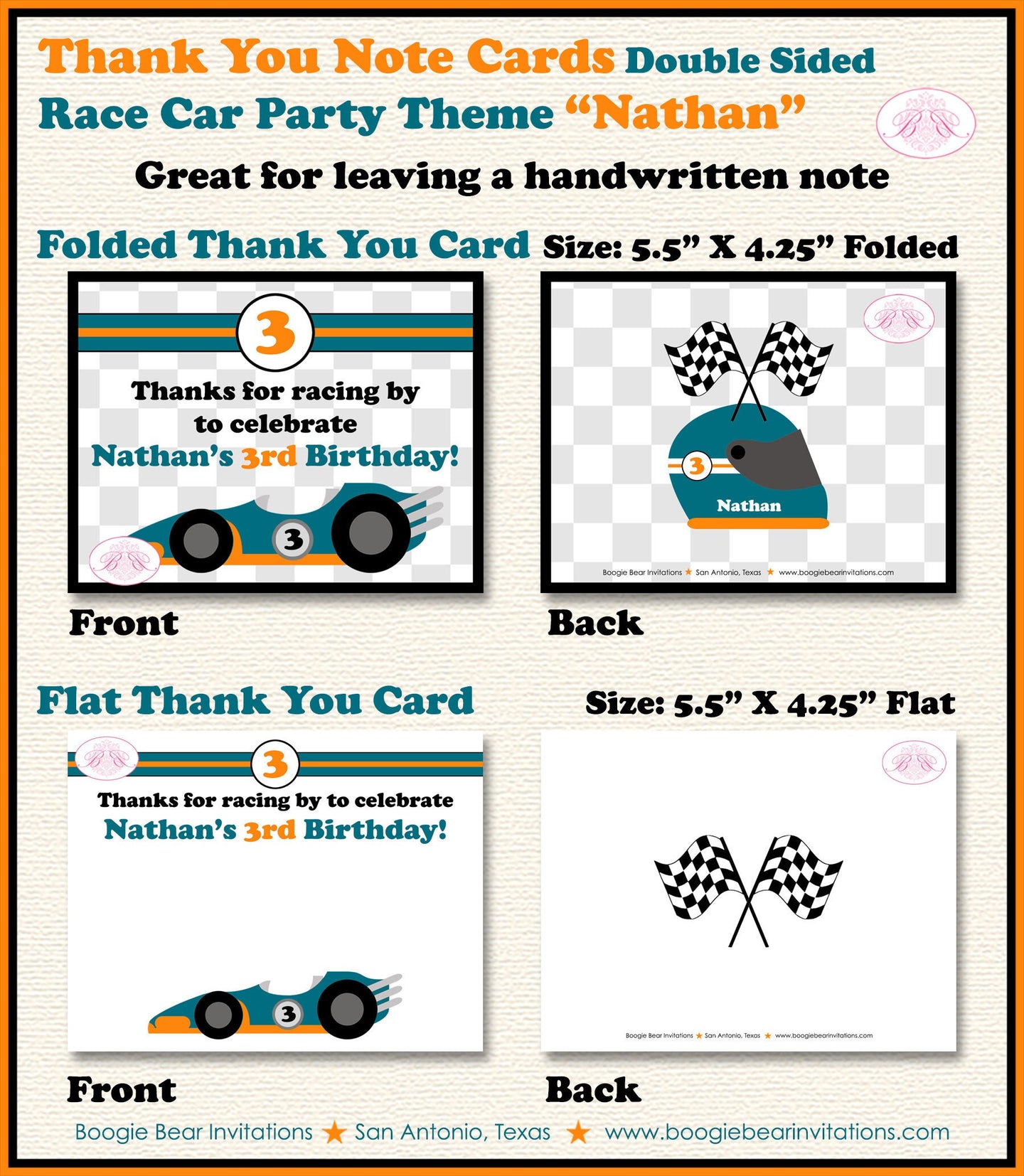 Race Car Party Thank You Card Black Birthday Boy Girl Orange Blue Black Grand Prix Racing Race Boogie Bear Invitations Nathan Theme Printed